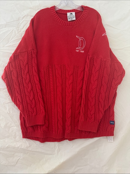 Disney Sweaters - 90’s Oversized Disney Red Cable-Knit Crewneck Spirit Jersey Embroidered Sweater